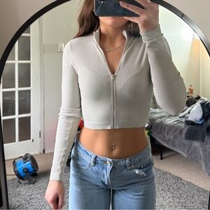 Garage Ribbed Zip-Front Long-Sleeve Crop Hoodie in Light Beige